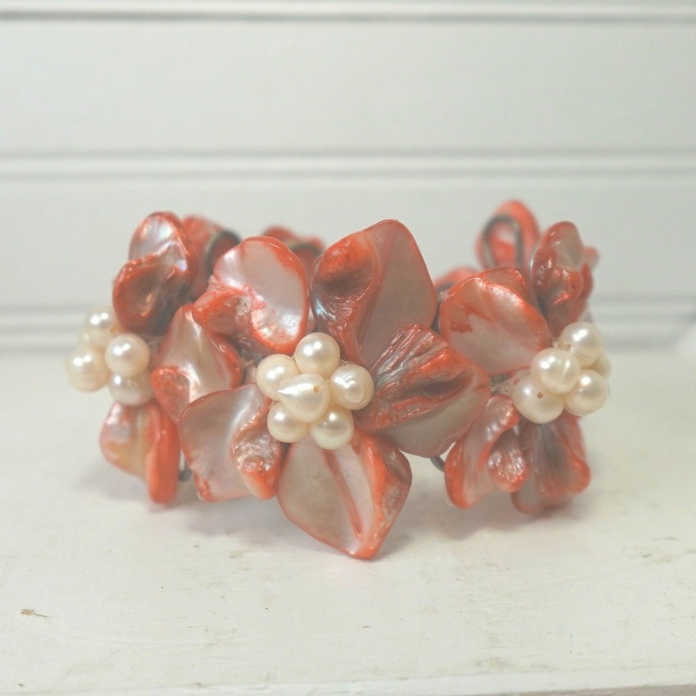Vintage Y2K Cuff Bracelet Floral Beaded Freshwater Pearl Pink Coral Jewelry